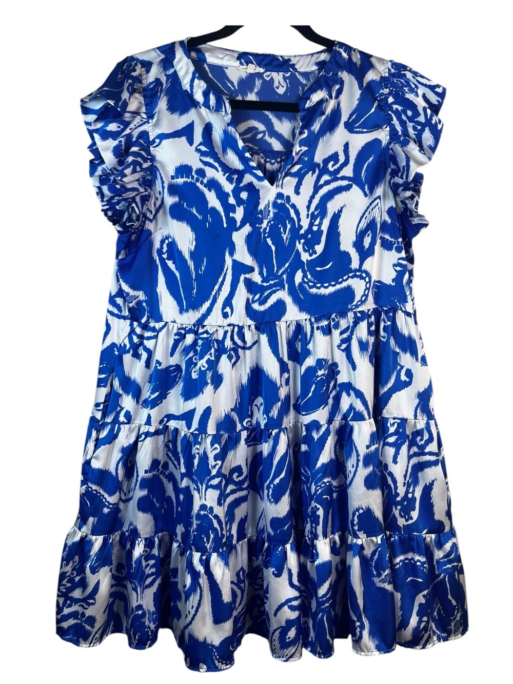 Jodiel Blue and White V-Neck Flutter Sleeve Tiered Swing Dress size L - Picture 11 of 12